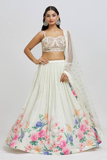 Meenagurnam_Ivory Blouse And Dupatta Net Print Floral Sweetheart Neck Blossom Lehenga Set _at_Aza_Fashions