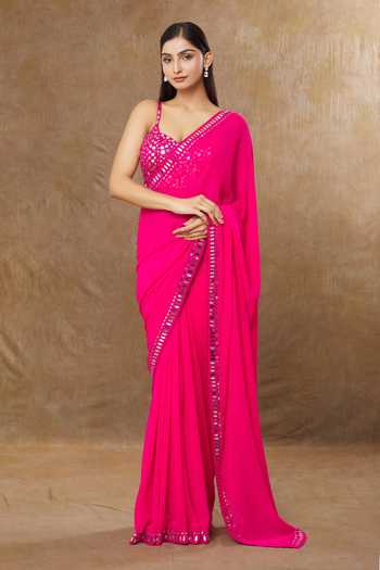 Women's Georgette Magenta Embellished Designer Saree With Blouse Piece