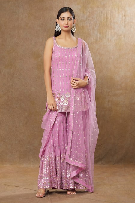 MeenaGurnam Pink Kurta And Sharara Georgette Embroidery Sequins Scoop Neck Floral Work Set 