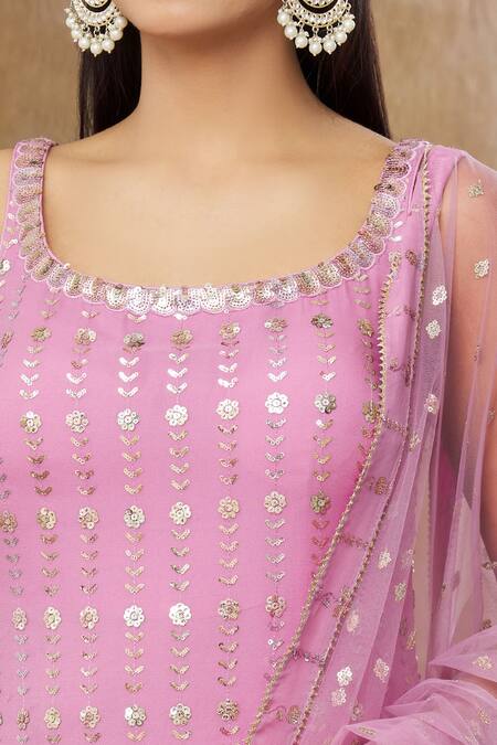 Meenagurnam_Pink Georgette, Net Sequins Scoop Neck Floral Work Kurta Sharara Set _Online_at_Aza_Fashions