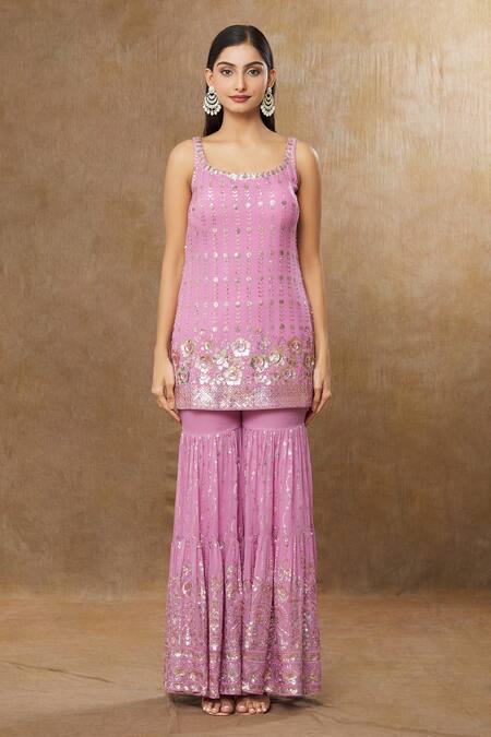 Buy_Meenagurnam_Pink Georgette, Net Sequins Scoop Neck Floral Work Kurta Sharara Set _Online_at_Aza_Fashions
