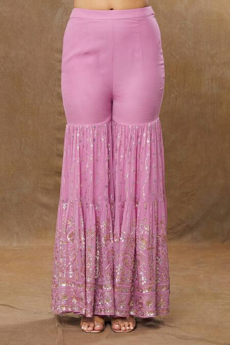 Shop_Meenagurnam_Pink Georgette, Net Sequins Scoop Neck Floral Work Kurta Sharara Set _Online_at_Aza_Fashions