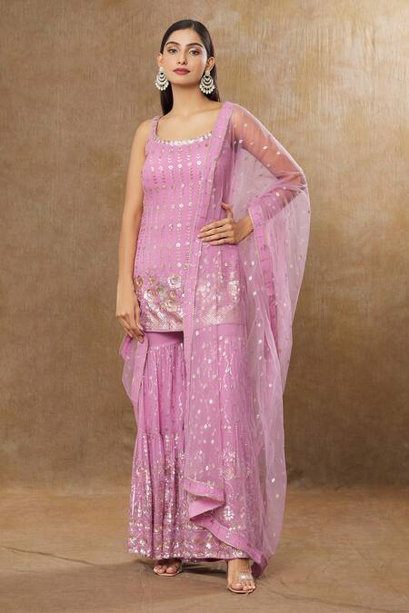 Meenagurnam_Pink Georgette, Net Sequins Scoop Neck Floral Work Kurta Sharara Set _at_Aza_Fashions