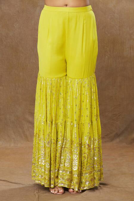 Meenagurnam_Yellow Georgette, Net Sequins Scoop Miniature Floral Work Kurta Sharara Set _Online_at_Aza_Fashions