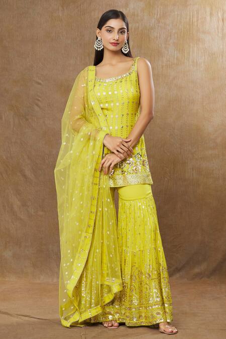 Meenagurnam_Yellow Georgette, Net Sequins Scoop Miniature Floral Work Kurta Sharara Set _at_Aza_Fashions