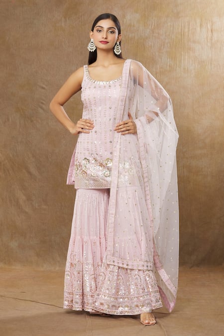 MeenaGurnam Pink Kurta And Sharara Georgette Embroidery Sequins Miniature Flower Work Set 