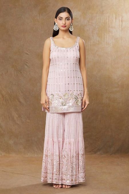 Meenagurnam_Pink Georgette, Net Sequins Scoop Neck Miniature Flower Work Kurta Sharara Set _Online_at_Aza_Fashions