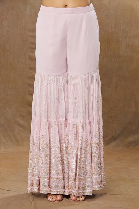 Shop_Meenagurnam_Pink Georgette, Net Sequins Scoop Neck Miniature Flower Work Kurta Sharara Set _Online_at_Aza_Fashions