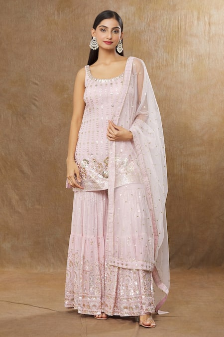 Meenagurnam_Pink Georgette, Net Sequins Scoop Neck Miniature Flower Work Kurta Sharara Set _at_Aza_Fashions
