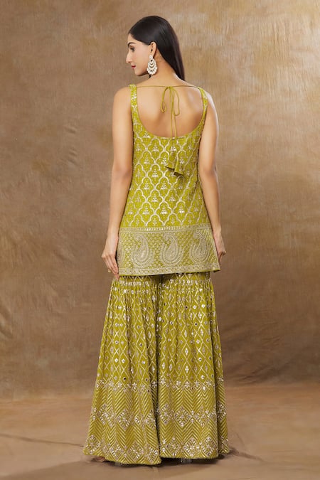 Shop Meenagurnam Green Georgette, Net Sequins, Zari, Quatrefoil Embroidered Kurta Sharara Set at Aza Fashions Shop_Meenagurnam_Green Georgette, Net Sequins, Zari, Quatrefoil Embroidered Kurta Sharara Set _at_Aza_Fashions