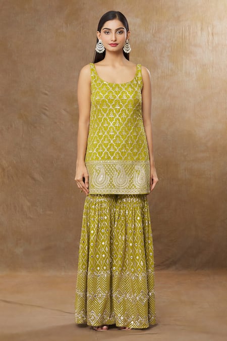 Meenagurnam Green Georgette, Net Sequins, Zari, Quatrefoil Embroidered Kurta Sharara Set Online at Aza Fashions Meenagurnam_Green Georgette, Net Sequins, Zari, Quatrefoil Embroidered Kurta Sharara Set _Online_at_Aza_Fashions
