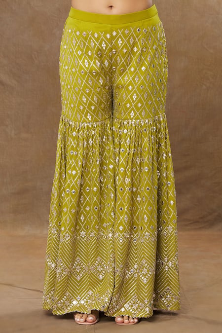 Shop Meenagurnam Green Georgette, Net Sequins, Zari, Quatrefoil Embroidered Kurta Sharara Set Online at Aza Fashions Shop_Meenagurnam_Green Georgette, Net Sequins, Zari, Quatrefoil Embroidered Kurta Sharara Set _Online_at_Aza_Fashions