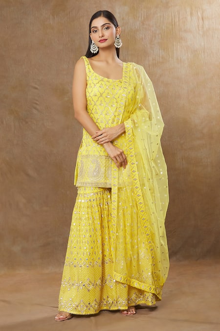 Meenagurnam Yellow Kurta And Sharara Georgette Embroidery Sequins Quatrefoil Zari Set