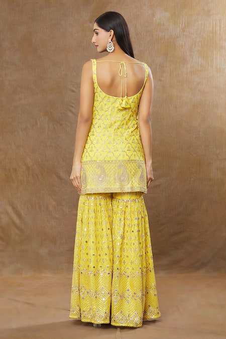 Shop_Meenagurnam_Yellow Kurta And Sharara Georgette Embroidery Sequins Quatrefoil Zari Set _at_Aza_Fashions