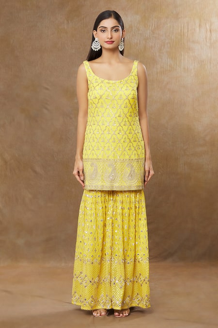 Meenagurnam_Yellow Kurta And Sharara Georgette Embroidery Sequins Quatrefoil Zari Set _Online_at_Aza_Fashions