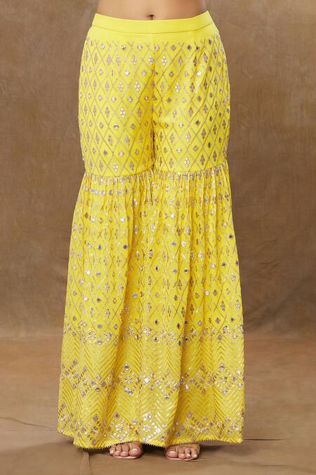 Shop_Meenagurnam_Yellow Kurta And Sharara Georgette Embroidery Sequins Quatrefoil Zari Set _Online_at_Aza_Fashions