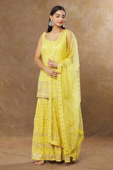 Meenagurnam_Yellow Kurta And Sharara Georgette Embroidery Sequins Quatrefoil Zari Set _at_Aza_Fashions