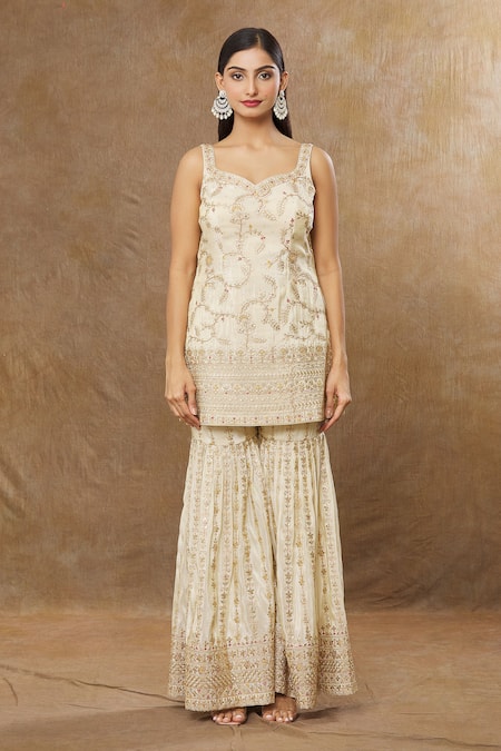 Meenagurnam Gold Tissue Embroidery Sequin Sweetheart Neck And Zari Work Kurta Sharara Set Online at Aza Fashions Meenagurnam_Gold Tissue Embroidery Sequin Sweetheart Neck And Zari Work Kurta Sharara Set _Online_at_Aza_Fashions