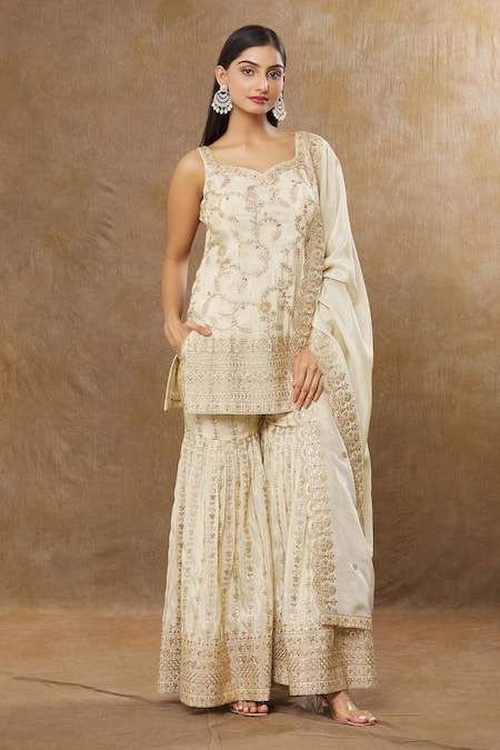 Buy Gold Tissue Embroidery Sequin Sweetheart And Zari Work Kurta 