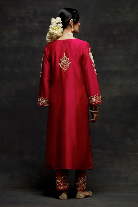 Shop_Anantaa By Roohi_Red Silk, Chanderi Pearls, Cut Work, Embroidery V-neck Kurta And Pant Set _at_Aza_Fashions