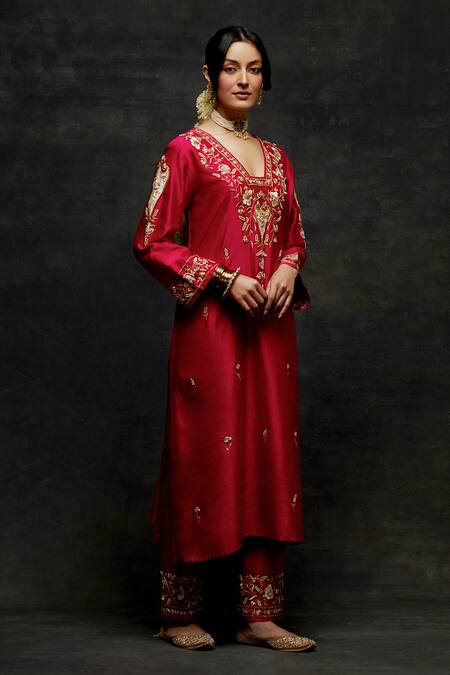 Shop_Anantaa By Roohi_Red Silk, Chanderi Pearls, Cut Work, Embroidery V-neck Kurta And Pant Set _Online_at_Aza_Fashions