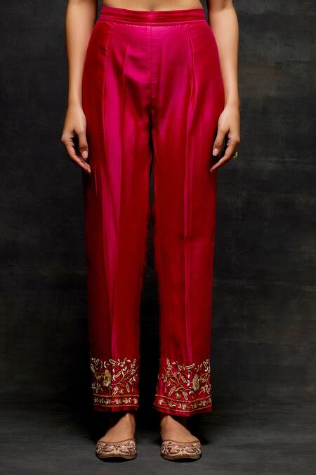 Anantaa By Roohi Fuchsia Silk, Chanderi Pearls, Sequins, Embroidery V-neck Work Kurta And Pant Set Online at Aza Fashions Anantaa By Roohi_Fuchsia Silk, Chanderi Pearls, Sequins, Embroidery V-neck Work Kurta And Pant Set _Online_at_Aza_Fashions