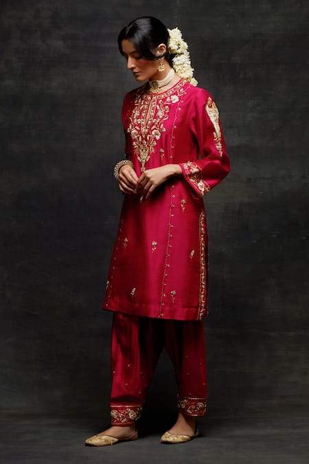 Shop_Anantaa By Roohi_Red Silk, Chanderi Pearls, Diamonds, Zari, Embroidered Short Kurta And Salwar Set _Online_at_Aza_Fashions