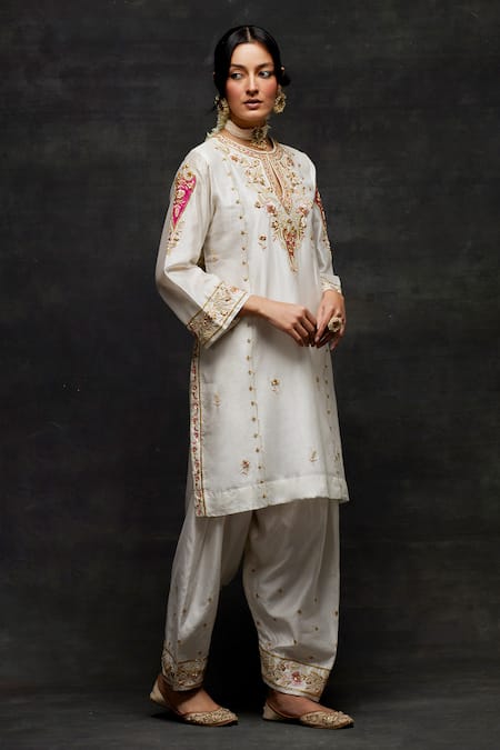 Shop_Anantaa By Roohi_Off White Silk, Chanderi Embroidery, Zardozi Work Short Kurta And Salwar Set _Online_at_Aza_Fashions