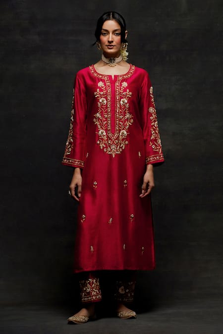 Anantaa by Roohi Red Silk Chanderi Embroidery Zardozi Round Kurta And Pant Set For Women