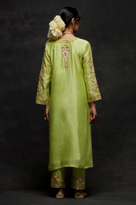 Shop Anantaa By Roohi Green Silk, Chanderi Pearls, Embroidery Round Floral Pattern Kurta And Pant Set at Aza Fashions Shop_Anantaa By Roohi_Green Silk, Chanderi Pearls, Embroidery Round Floral Pattern Kurta And Pant Set _at_Aza_Fashions