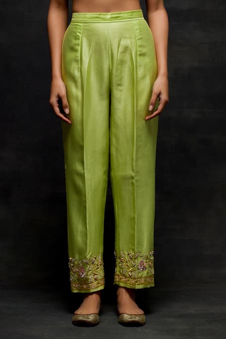 Anantaa By Roohi Green Silk, Chanderi Pearls, Embroidery Round Floral Pattern Kurta And Pant Set Online at Aza Fashions Anantaa By Roohi_Green Silk, Chanderi Pearls, Embroidery Round Floral Pattern Kurta And Pant Set _Online_at_Aza_Fashions