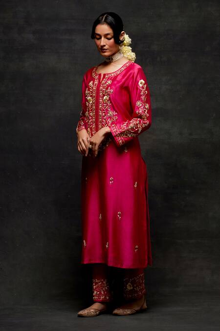Buy Anantaa By Roohi Fuchsia Silk, Chanderi Pearls, Sequins, Zari Flower Embroidered Kurta And Pant Set Online at Aza Fashions Buy_Anantaa By Roohi_Fuchsia Silk, Chanderi Pearls, Sequins, Zari Flower Embroidered Kurta And Pant Set _Online_at_Aza_Fashions