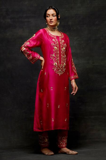 Shop Anantaa By Roohi Fuchsia Silk, Chanderi Pearls, Sequins, Zari Flower Embroidered Kurta And Pant Set Online at Aza Fashions Shop_Anantaa By Roohi_Fuchsia Silk, Chanderi Pearls, Sequins, Zari Flower Embroidered Kurta And Pant Set _Online_at_Aza_Fashions