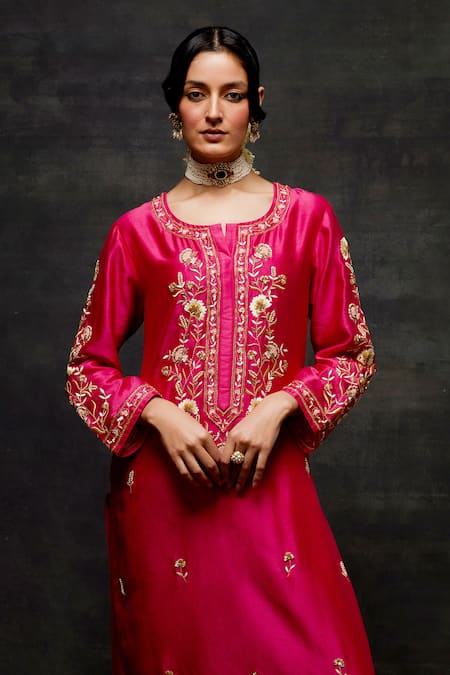 Anantaa By Roohi Fuchsia Silk, Chanderi Pearls, Sequins, Zari Flower Embroidered Kurta And Pant Set at Aza Fashions Anantaa By Roohi_Fuchsia Silk, Chanderi Pearls, Sequins, Zari Flower Embroidered Kurta And Pant Set _at_Aza_Fashions