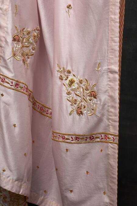 Anantaa By Roohi_Pink Silk, Chanderi Sequins, Beads Flower Embroidered Dupatta _Online_at_Aza_Fashions