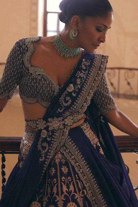 Jayanti Reddy_Purple Brocade, Silk Sequins, Banaras Floral Jaal Pattern Bridal Lehenga Set _Online_at_Aza_Fashions