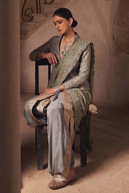 Jayanti Reddy Banaras Silk Saree Embroidered Jacket Set 