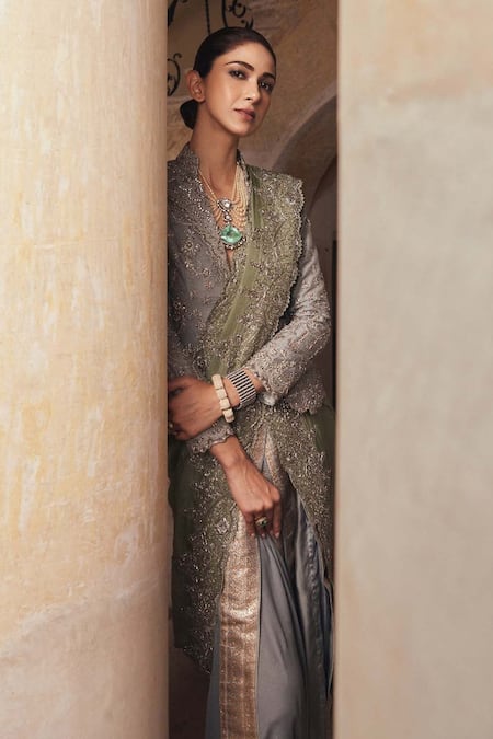 Jayanti Reddy Grey Brocade, Silk Zari, Sequins, Embroidery Mandarin Banaras Saree Jacket Set Online at Aza Fashions Jayanti Reddy_Grey Brocade, Silk Zari, Sequins, Embroidery Mandarin Banaras Saree Jacket Set _Online_at_Aza_Fashions