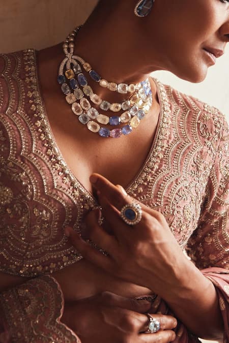 Jayanti Reddy_Peach Silk Zari, Sequins Banaras Butti Pattern Saree With Embroidered Blouse _Online_at_Aza_Fashions