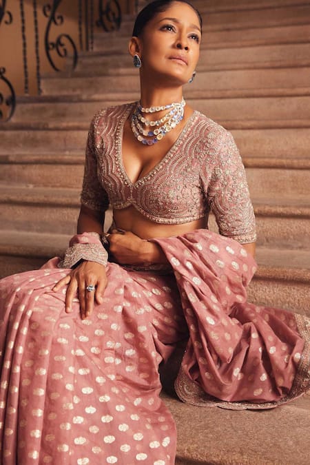 Buy_Jayanti Reddy_Peach Silk Zari, Sequins Banaras Butti Pattern Saree With Embroidered Blouse _Online_at_Aza_Fashions