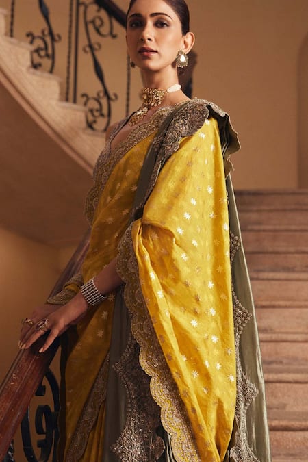 Jayanti Reddy_Yellow Silk Sequins, Banaras Embroidered Scalloped Border Saree With Blouse _Online_at_Aza_Fashions