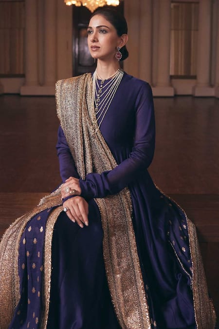 Jayanti Reddy_Purple Silk, Cotton Sequins Round Neck Banaras Flared Anarkali Set _Online_at_Aza_Fashions
