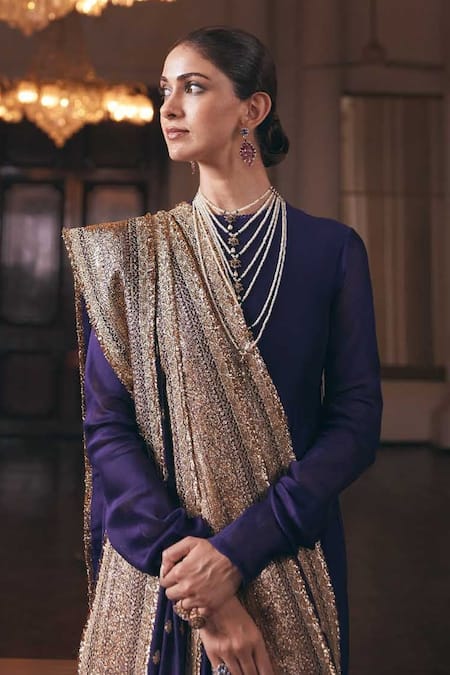 Buy_Jayanti Reddy_Purple Silk, Cotton Sequins Round Neck Banaras Flared Anarkali Set _Online_at_Aza_Fashions