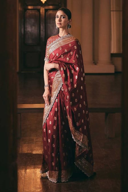 JAYANTI REDDY Maroon Banaras Silk Embroidered Floral Pattern Saree With Blouse 