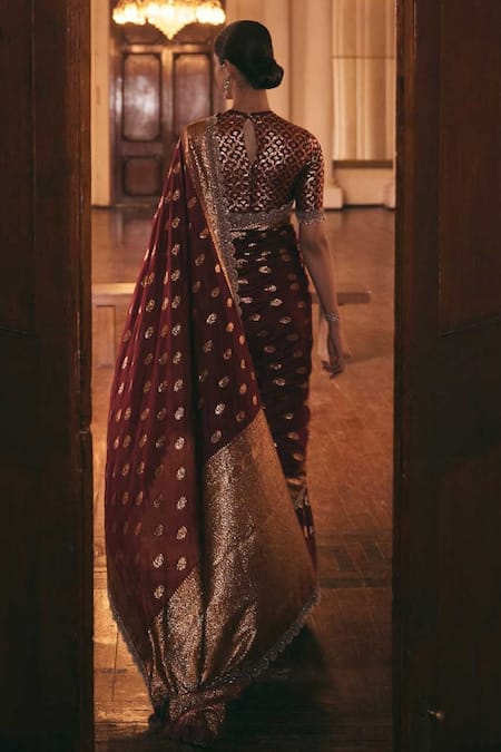 Shop_Jayanti Reddy_Maroon Silk Sequins Round Banaras Floral Pattern Saree With Embroidered Blouse_at_Aza_Fashions