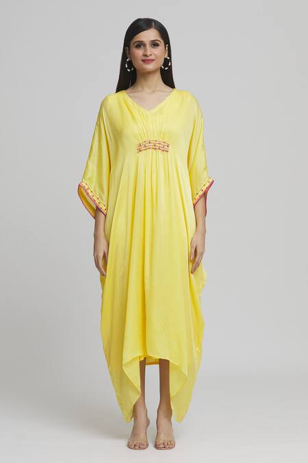 Samyukta Singhania_Yellow Satin, Georgette Embroidery, Mirrors V-neck Placed Kaftan _Online_at_Aza_Fashions