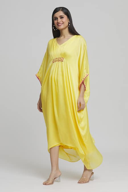 Buy_Samyukta Singhania_Yellow Satin, Georgette Embroidery, Mirrors V-neck Placed Kaftan _Online_at_Aza_Fashions