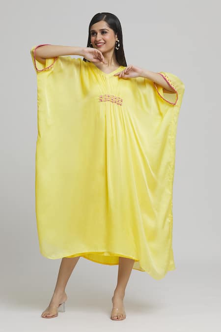 Shop_Samyukta Singhania_Yellow Satin, Georgette Embroidery, Mirrors V-neck Placed Kaftan _Online_at_Aza_Fashions