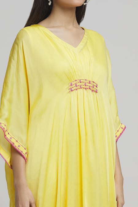 Samyukta Singhania_Yellow Satin, Georgette Embroidery, Mirrors V-neck Placed Kaftan _at_Aza_Fashions