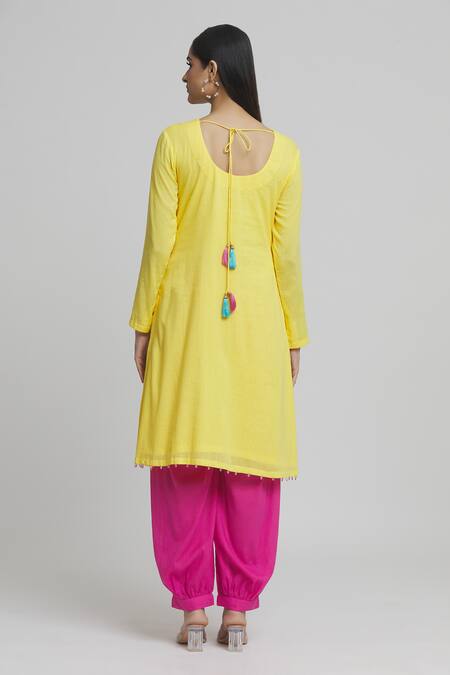 Shop Khwaab By Sanjana Lakhani Yellow Cotton Mirrors, Embroidery Round Placed Mirrorwork Kurta With Salwar Pant at Aza Fashions Shop_Khwaab By Sanjana Lakhani_Yellow Cotton Mirrors, Embroidery Round Placed Mirrorwork Kurta With Salwar Pant_at_Aza_Fashions